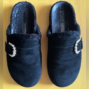 Stuart Weitzman Black Suede Mules with Pearl Buckles
